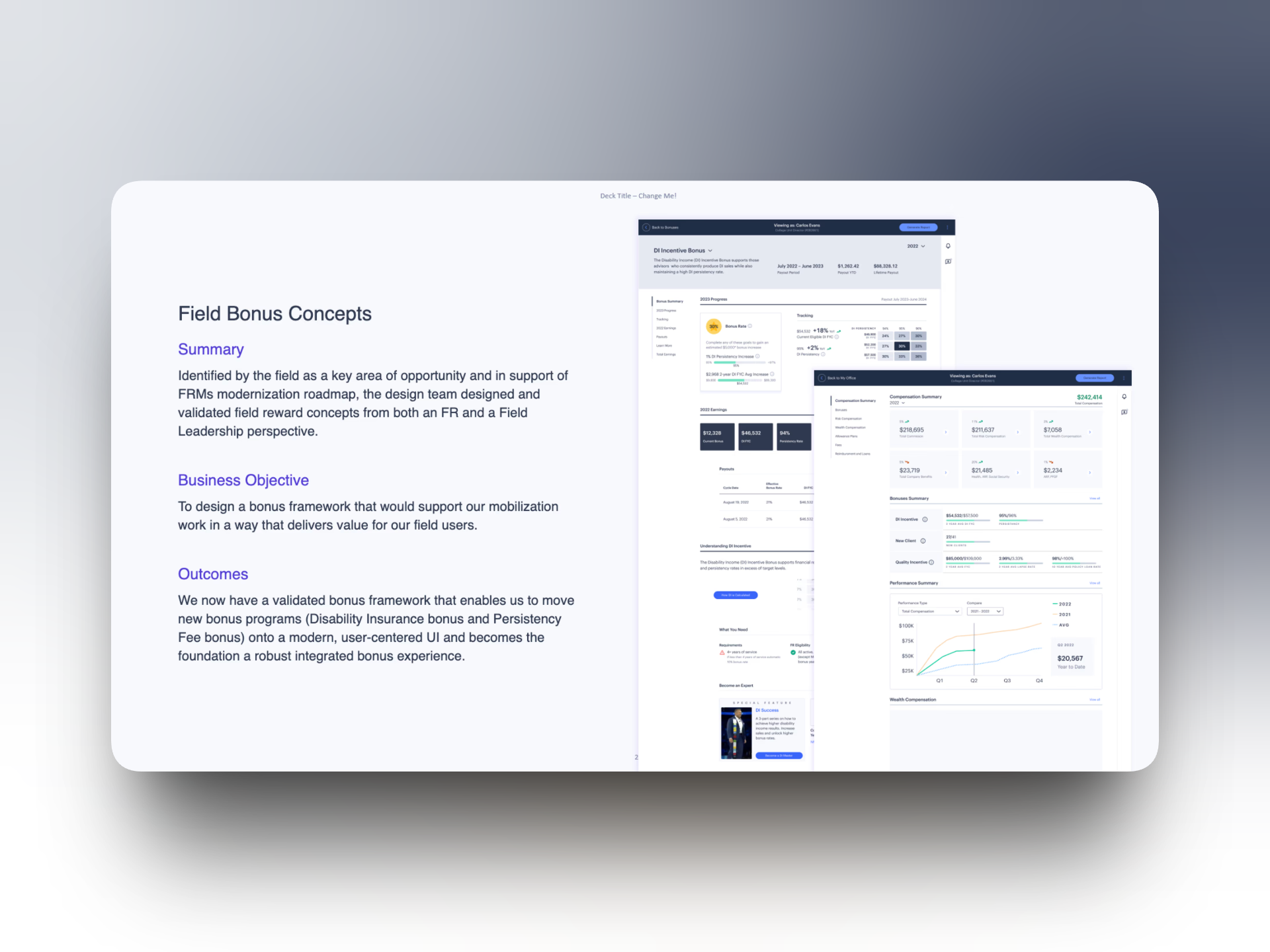 Field bonus concepts slide with summary, business objective, outcomes, and bonus dashboard screens