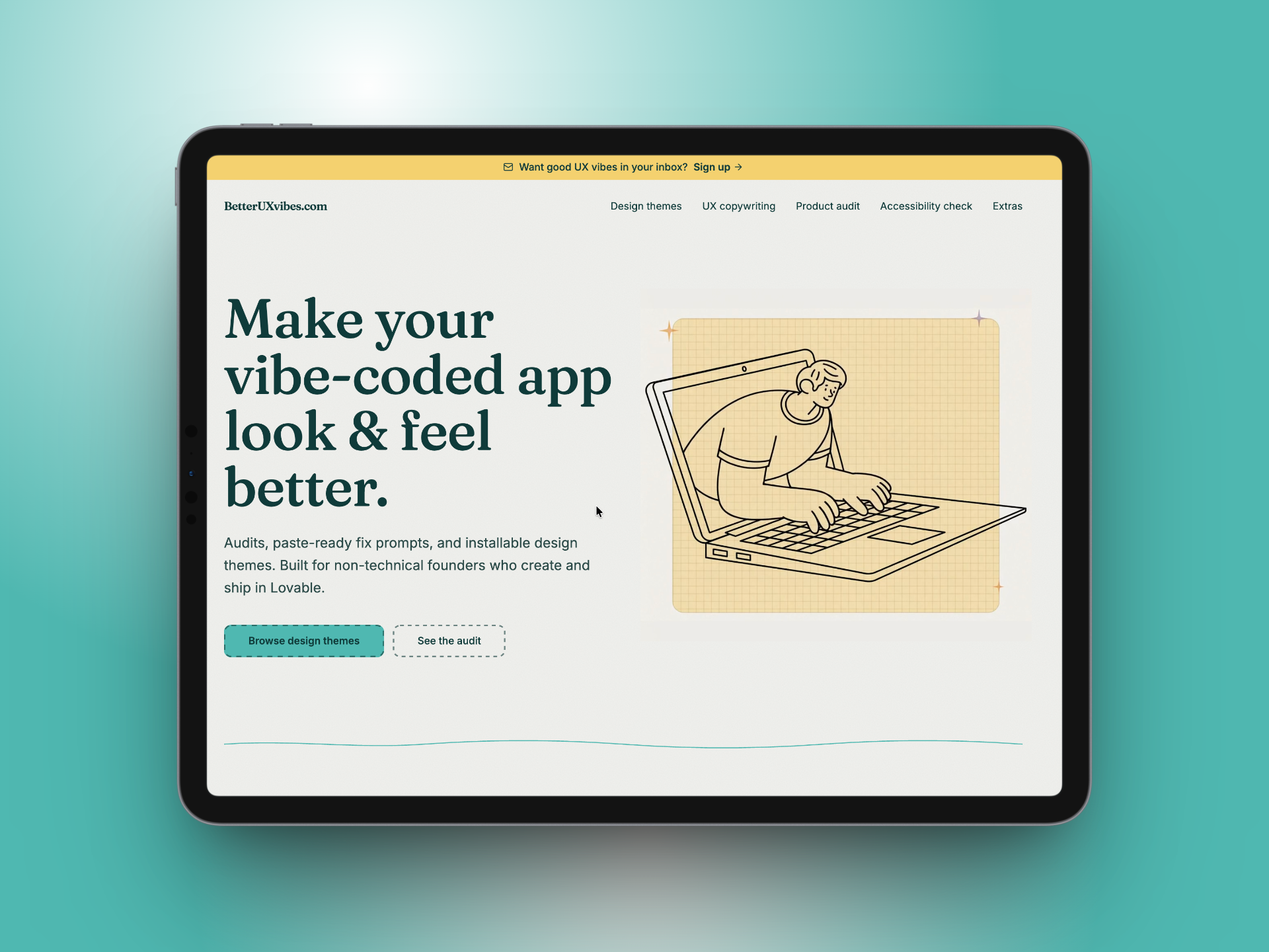 Better UX Vibes home page on a tablet: make your vibe-coded app look and feel better