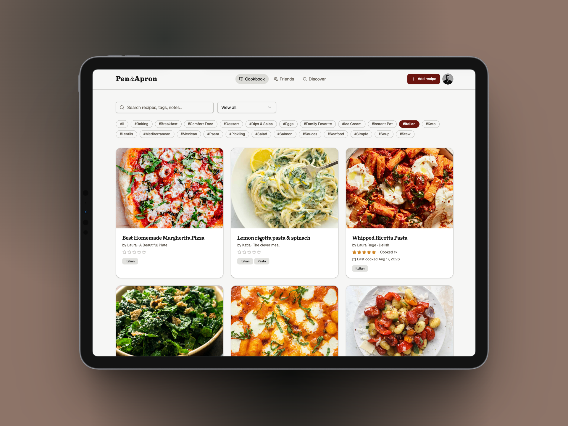 Cookbook view with tag filters and a grid of saved recipes