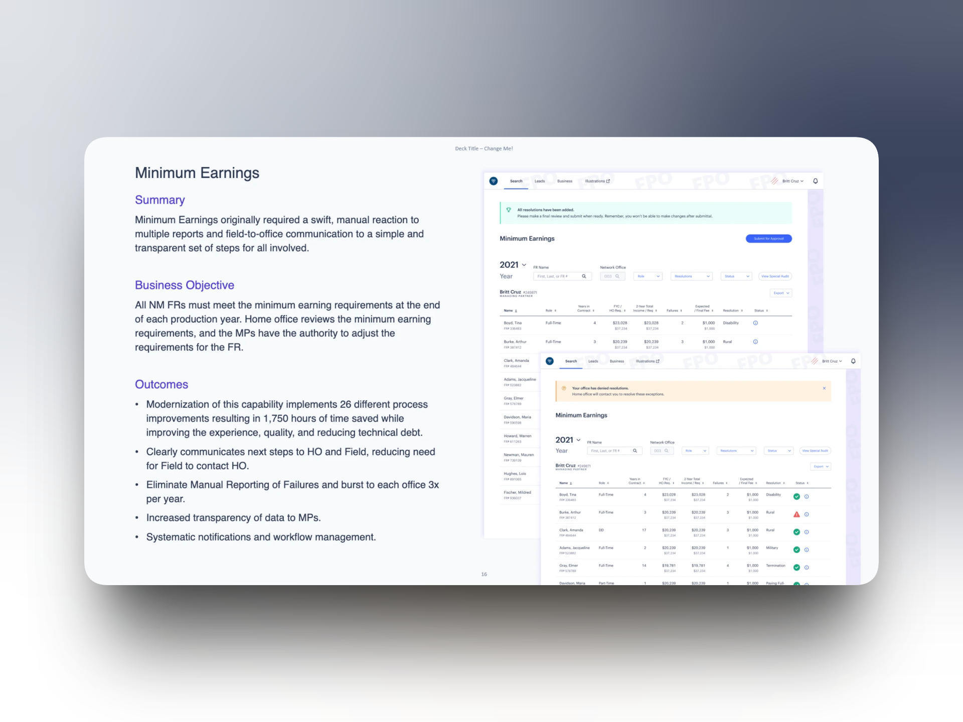 Minimum earnings slide with summary, business objective, outcomes, and earnings review screens