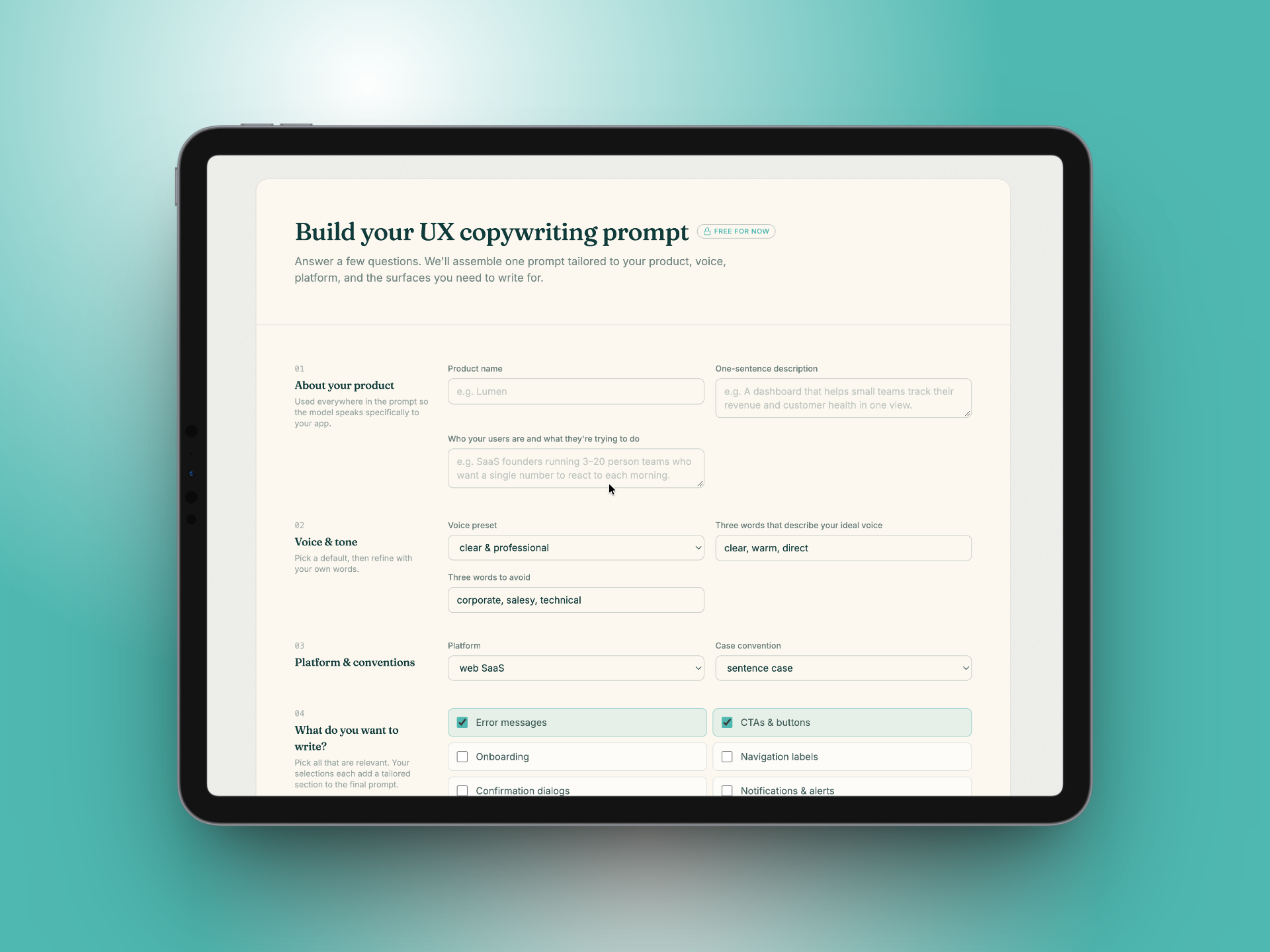 UX copywriting prompt builder with product, voice, and platform questions