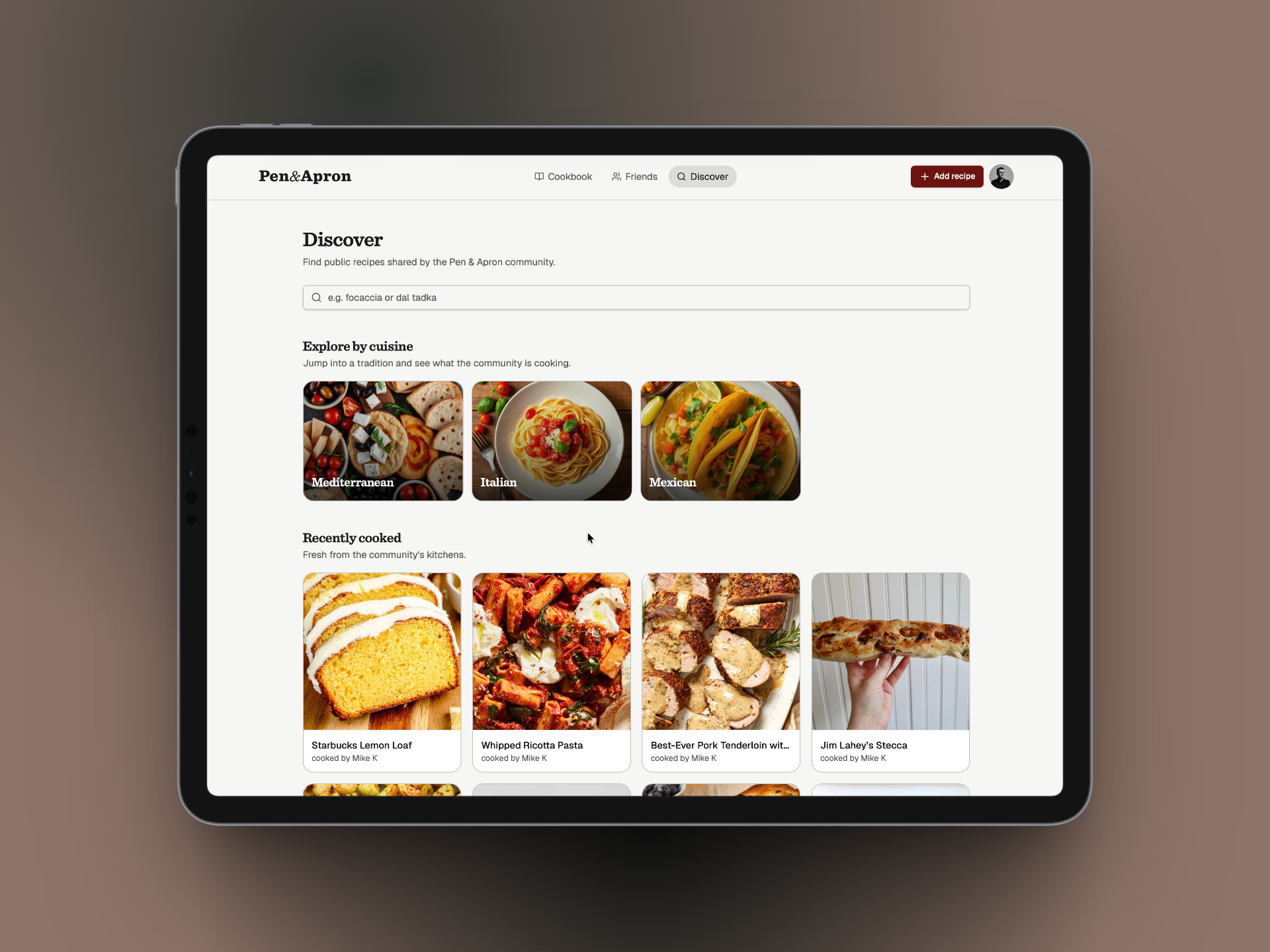Discover view with cuisines and recently cooked recipes