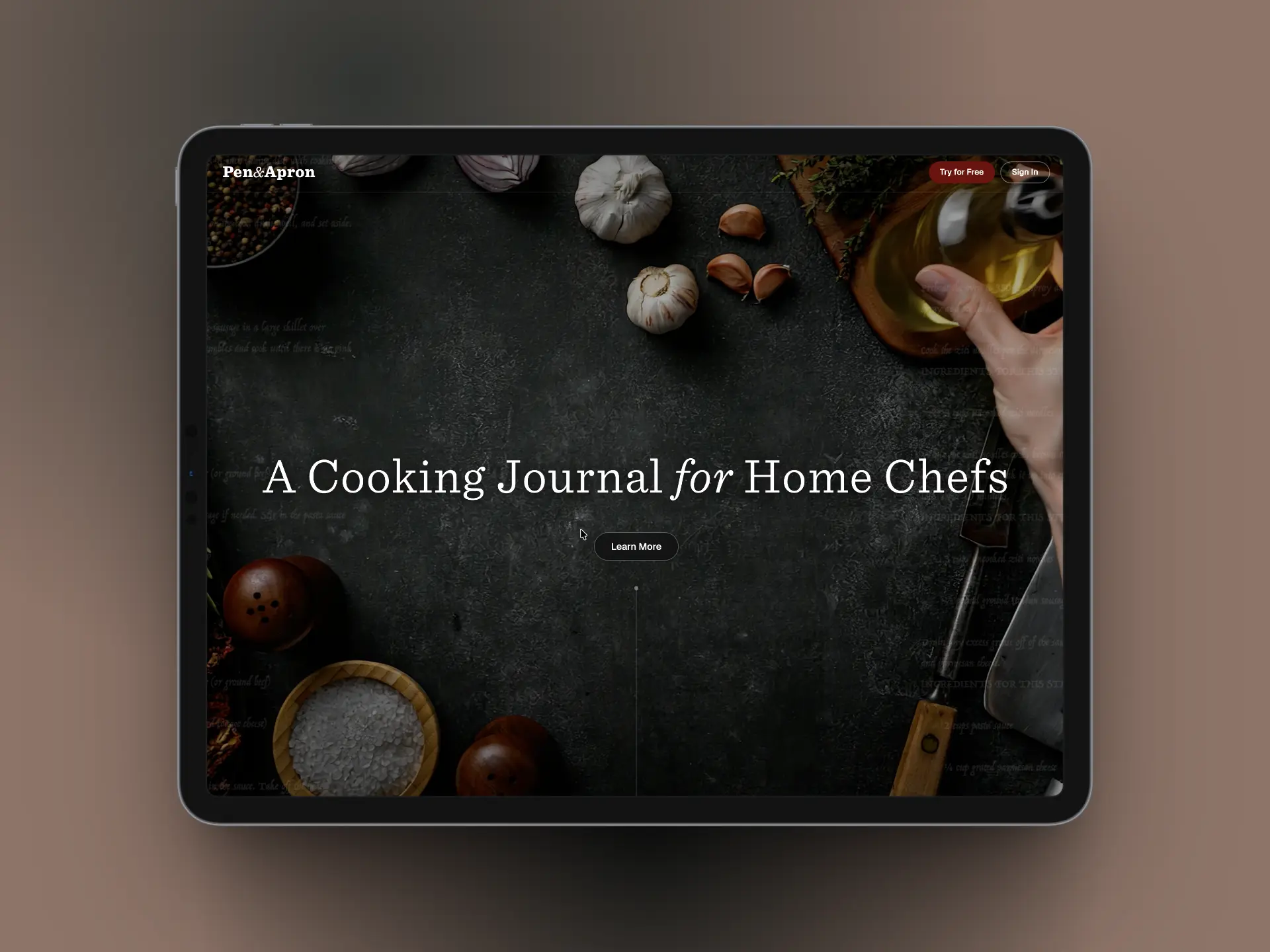 Pen & Apron landing screen: a cooking journal for home chefs