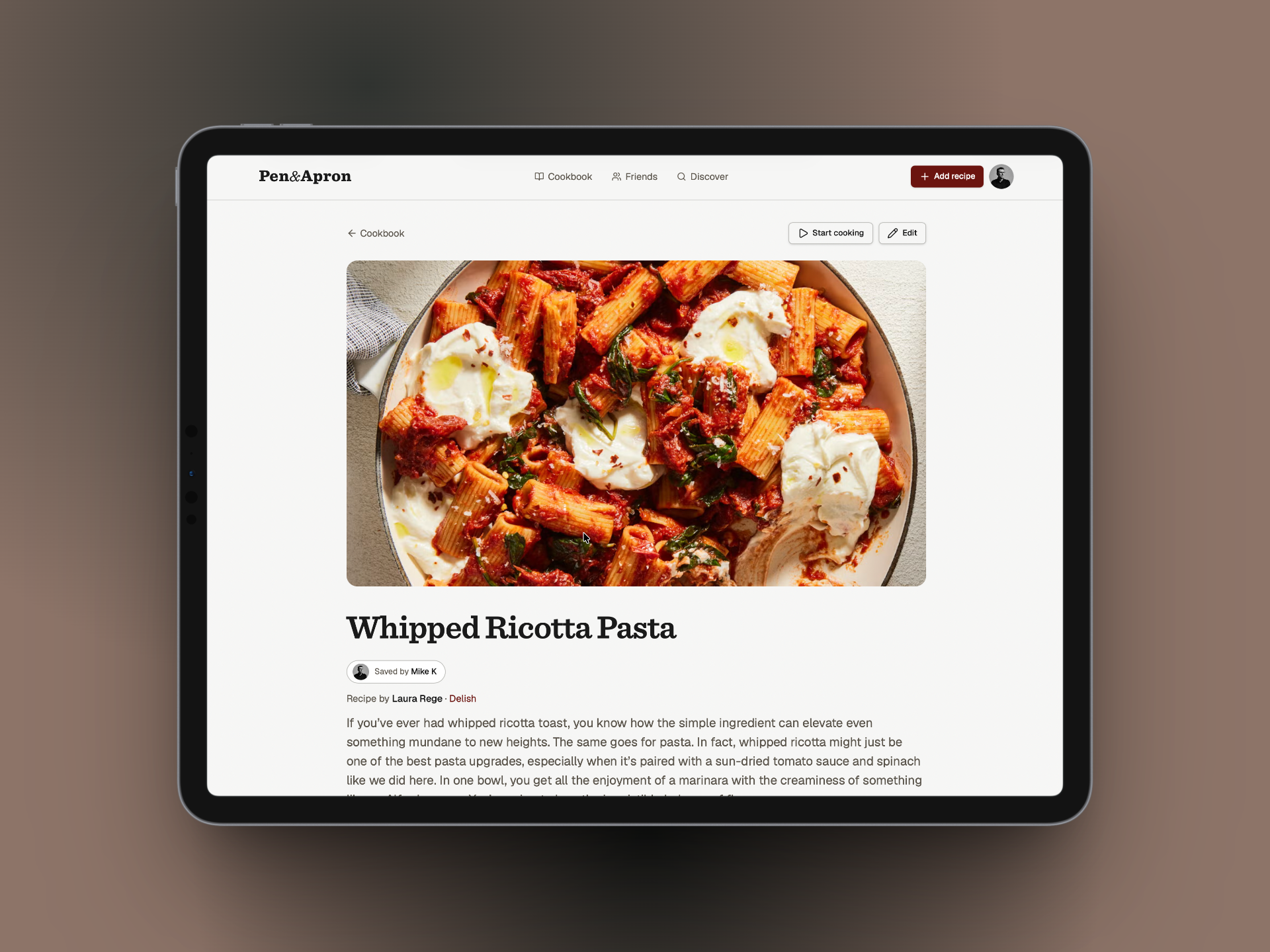 Recipe detail for Whipped Ricotta Pasta with start cooking action