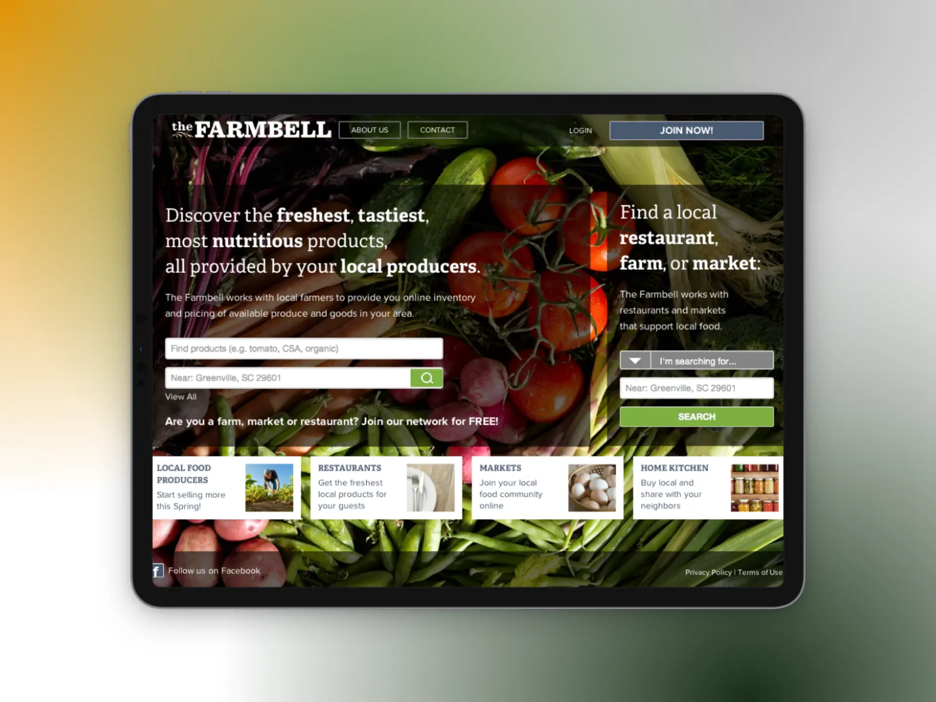 The Farmbell home page with produce search on a tablet