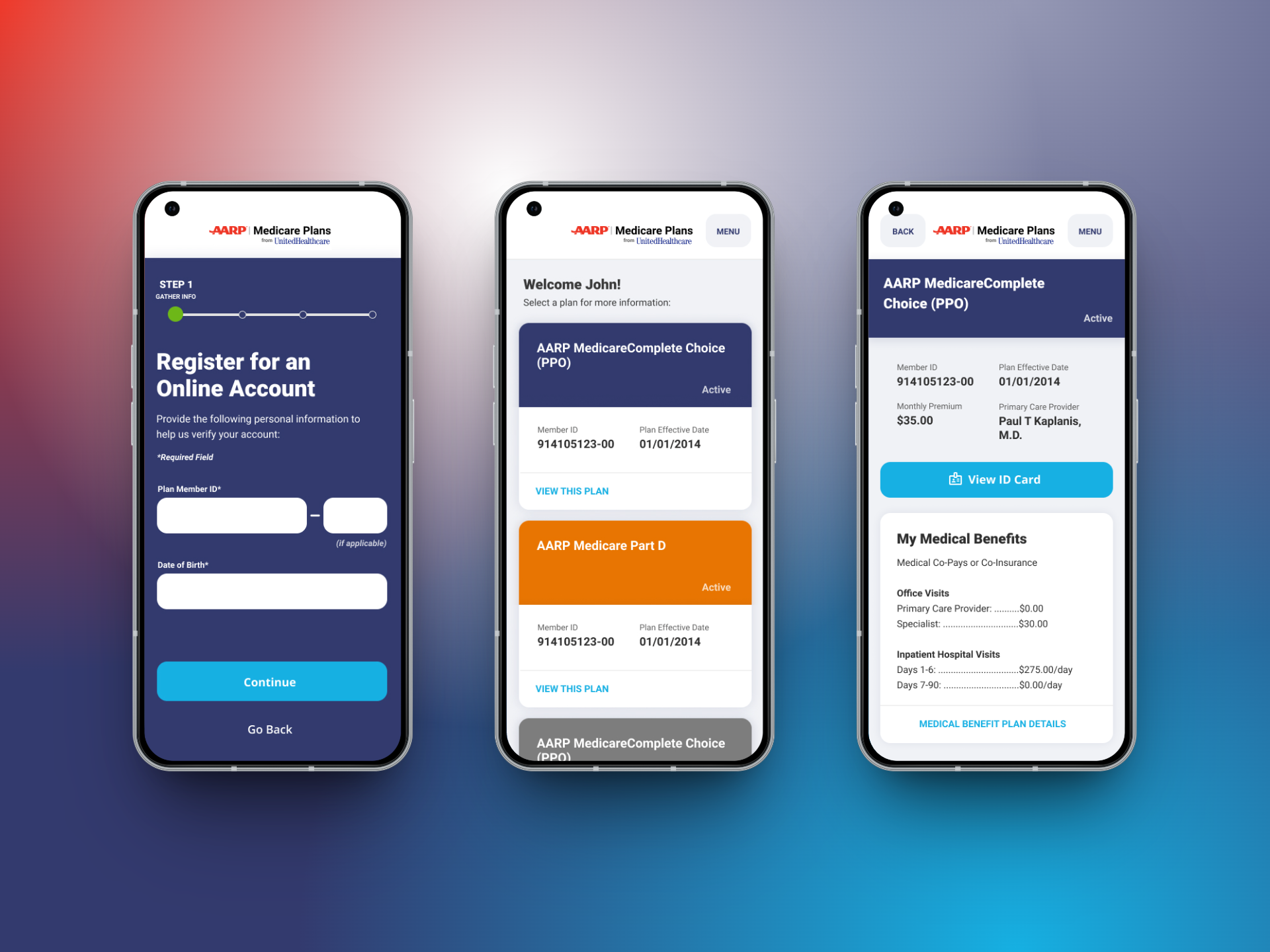 Three phone screens of the AARP Medicare Plans mobile experience: account registration, plan list, and plan detail with benefits